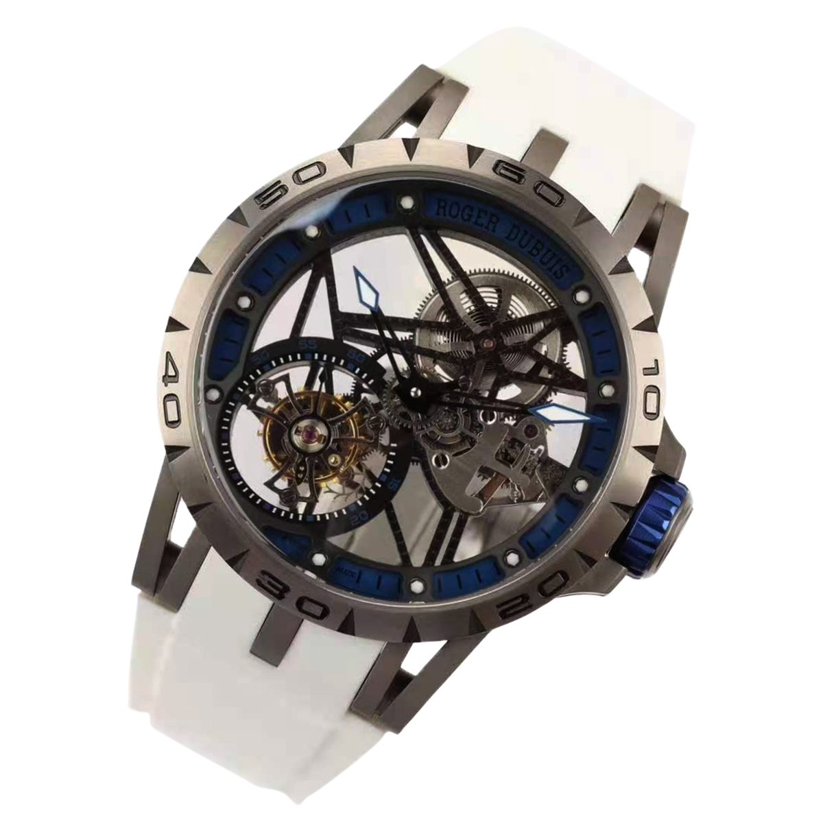 Excalibur Spider Skeleton Flying Tourbillon with White Rubber Strap