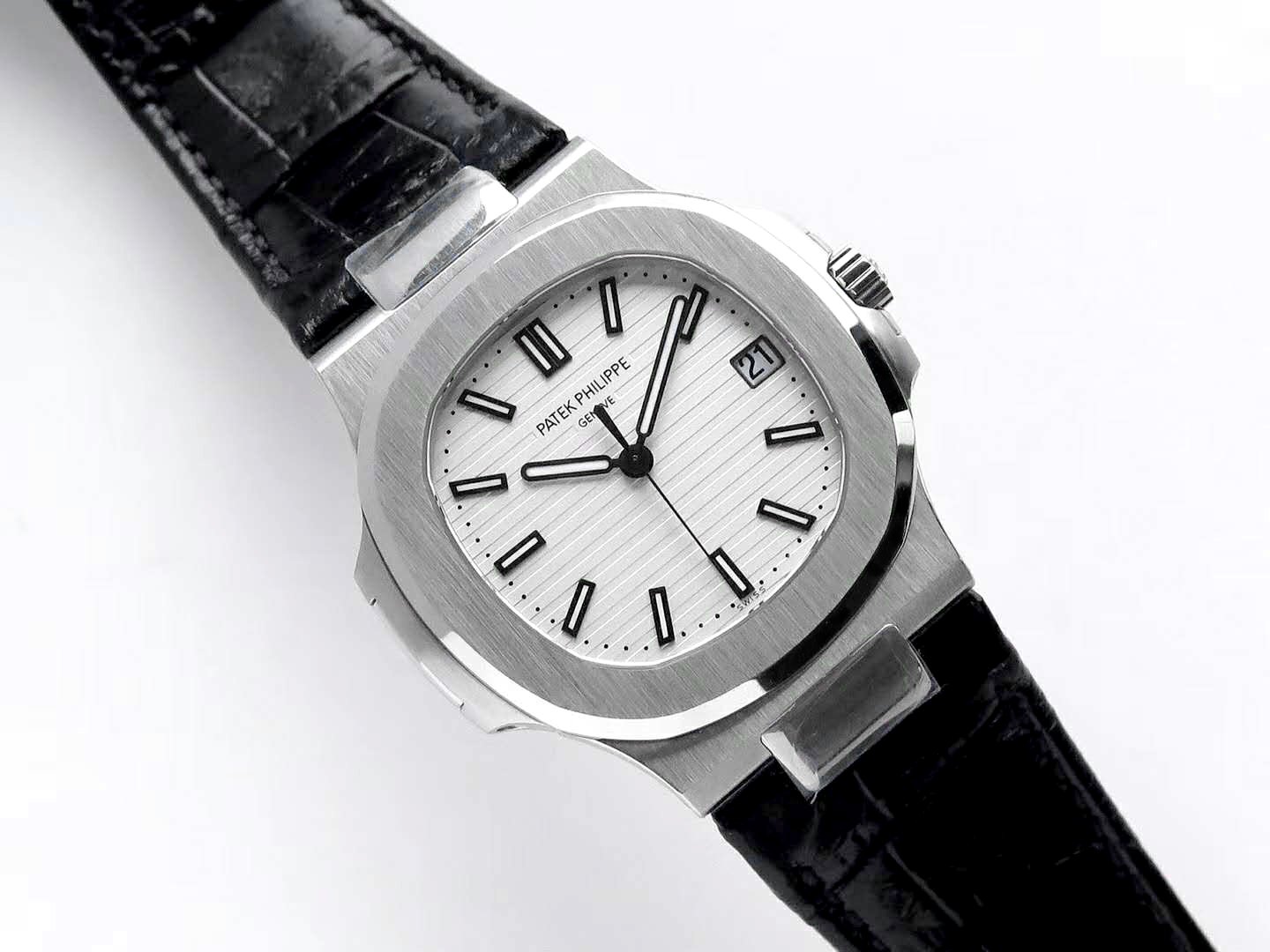 Nautilus Jumbo 5711 White Dial in Steel with Black Leather Strap