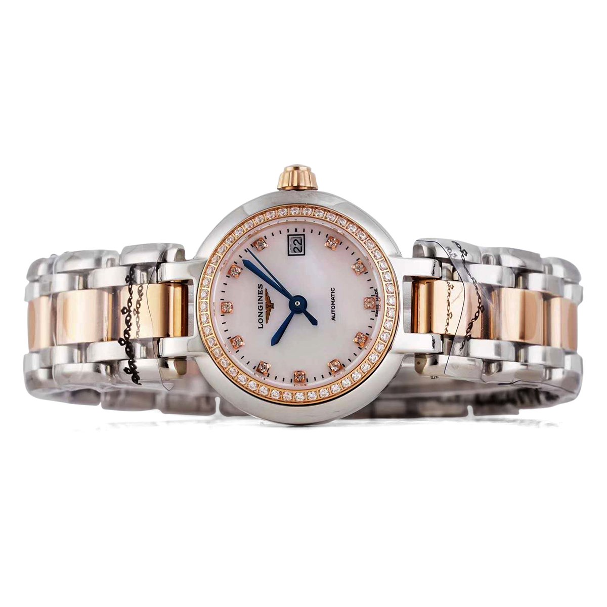 Primaluna MOP White Dial with D1am0nd Markers and D1am0nd Bezel in Rose Gold