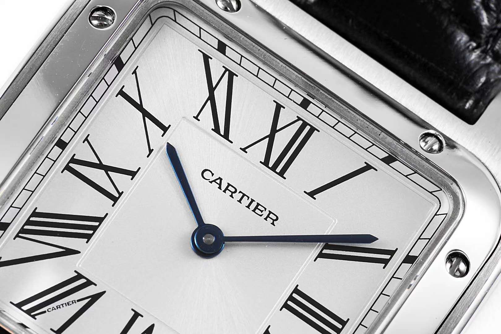 Santos-Dumont White Dial in Steel on Black Leather Strap