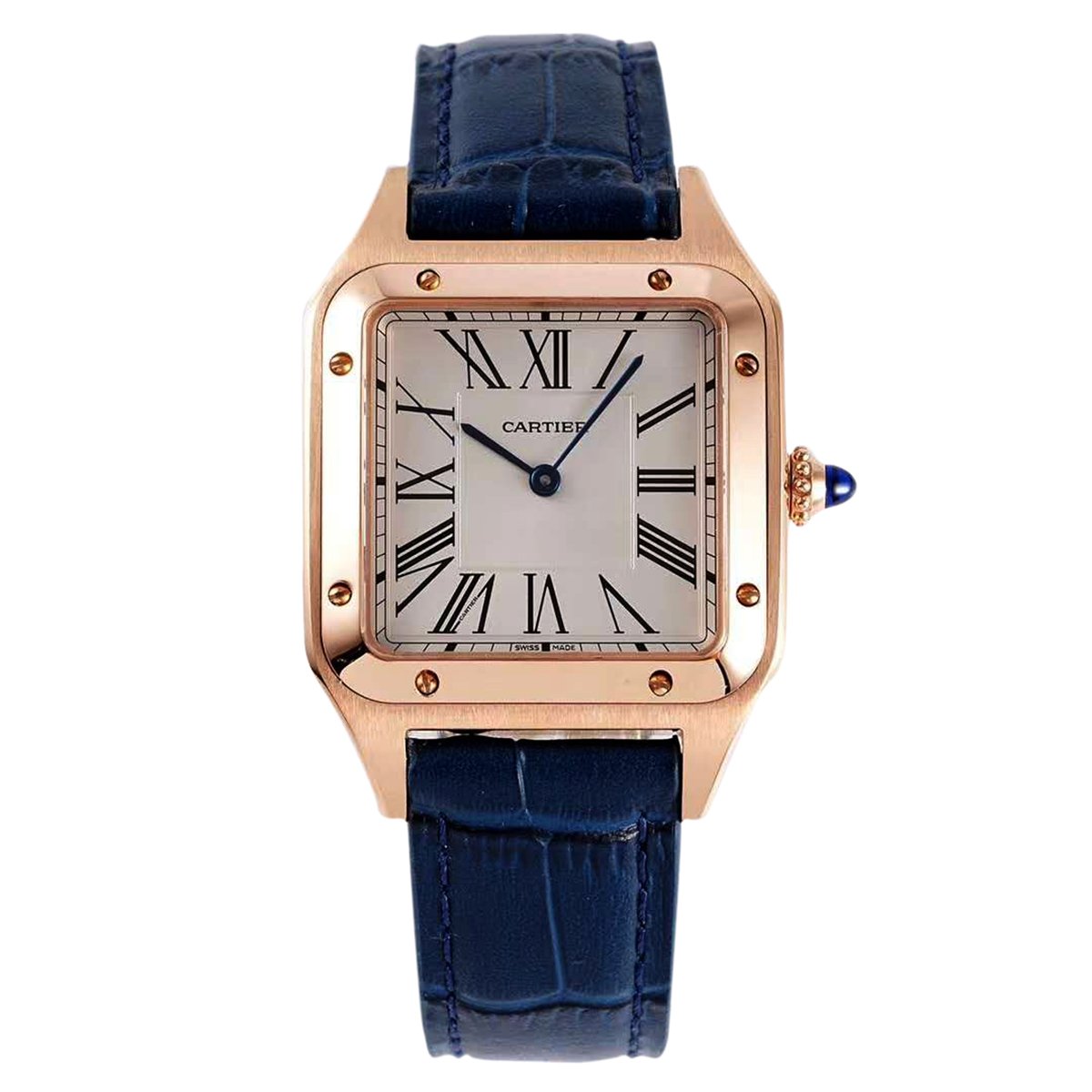 Santos-Dumont White Dial in Rose Gold on Blue Leather Strap