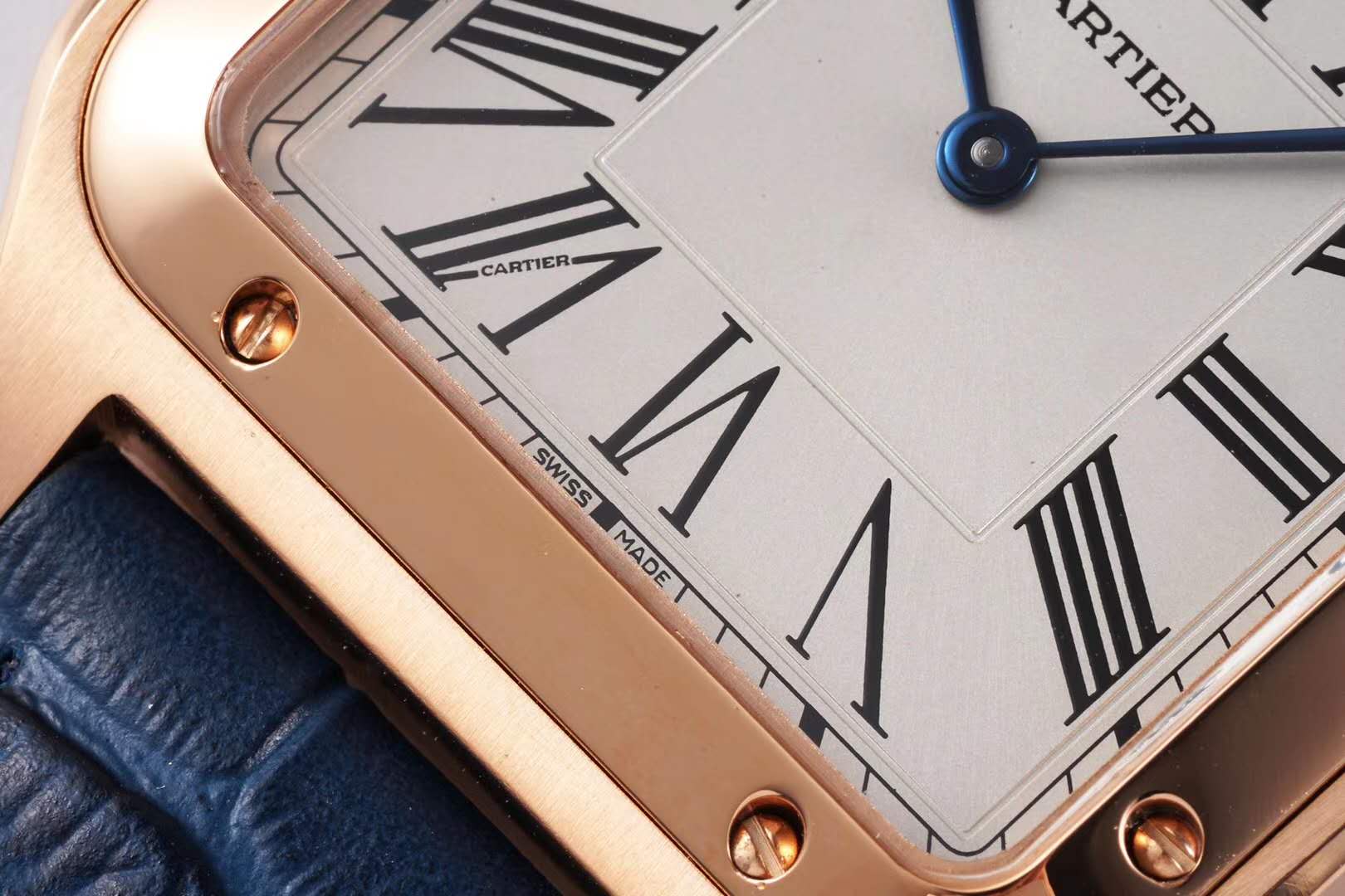Santos-Dumont White Dial in Rose Gold on Blue Leather Strap