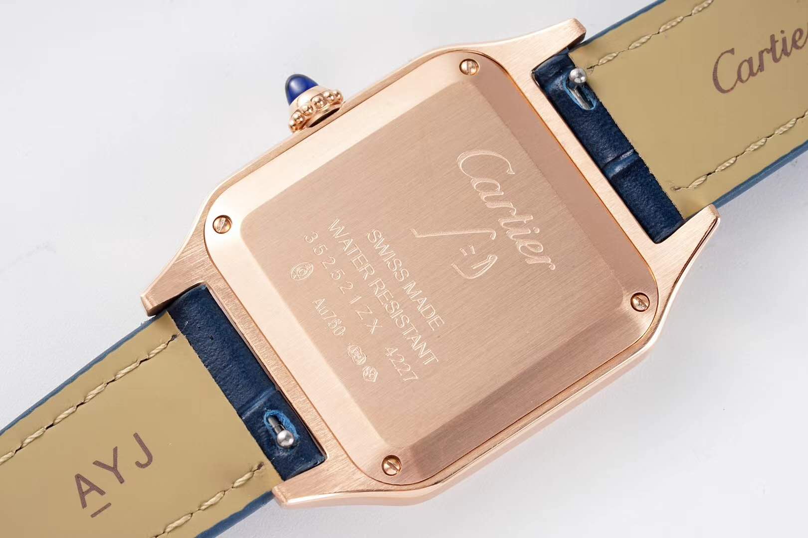Santos-Dumont White Dial in Rose Gold on Blue Leather Strap