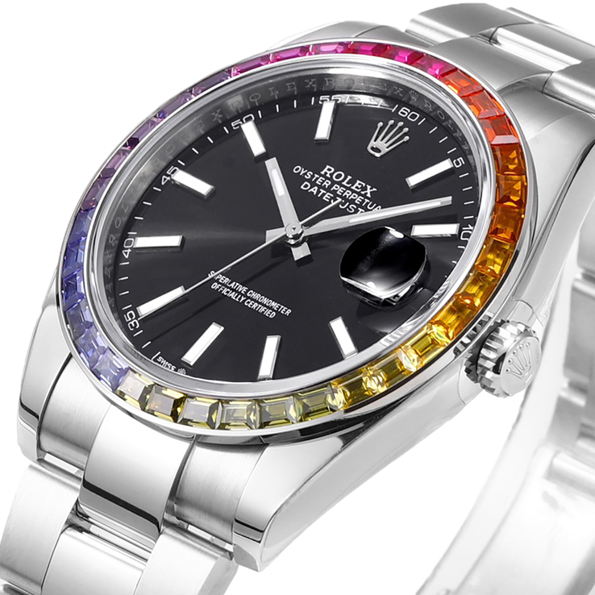 Datejust 41 Black Dial Stick Markers with Rainbow D1am0nd Bezel in Steel on Oyster Bracelet
